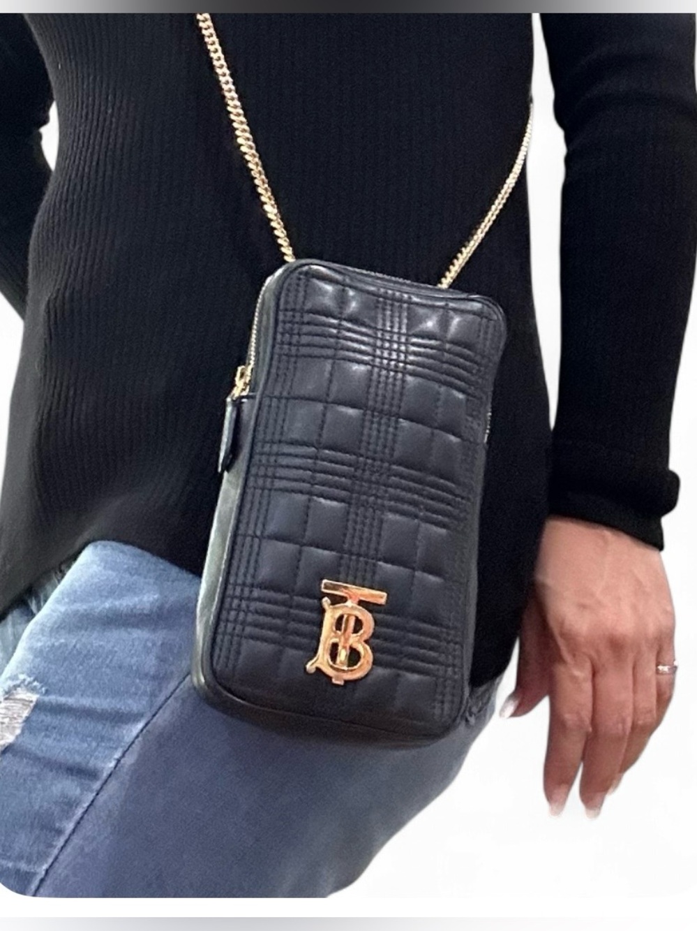 Burberry Lola Mini Quilted Lambskin Phone Crossbody Bag Black Gold TB Logo